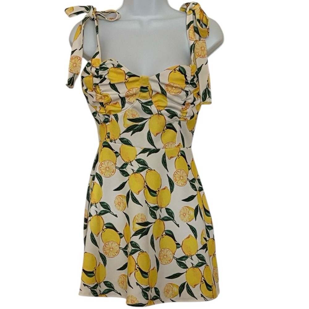 Misguided Lemon Print Petite NWOT mini skater dress with shoulder ties 6P